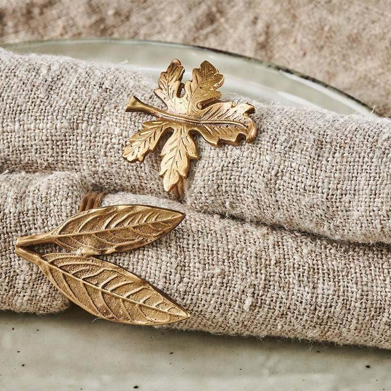 Greige Brass Leaf Napkin Rings - Set Of Four