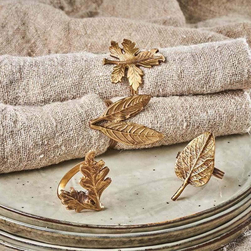 greige Brass Leaf Napkin Rings - Set of Four