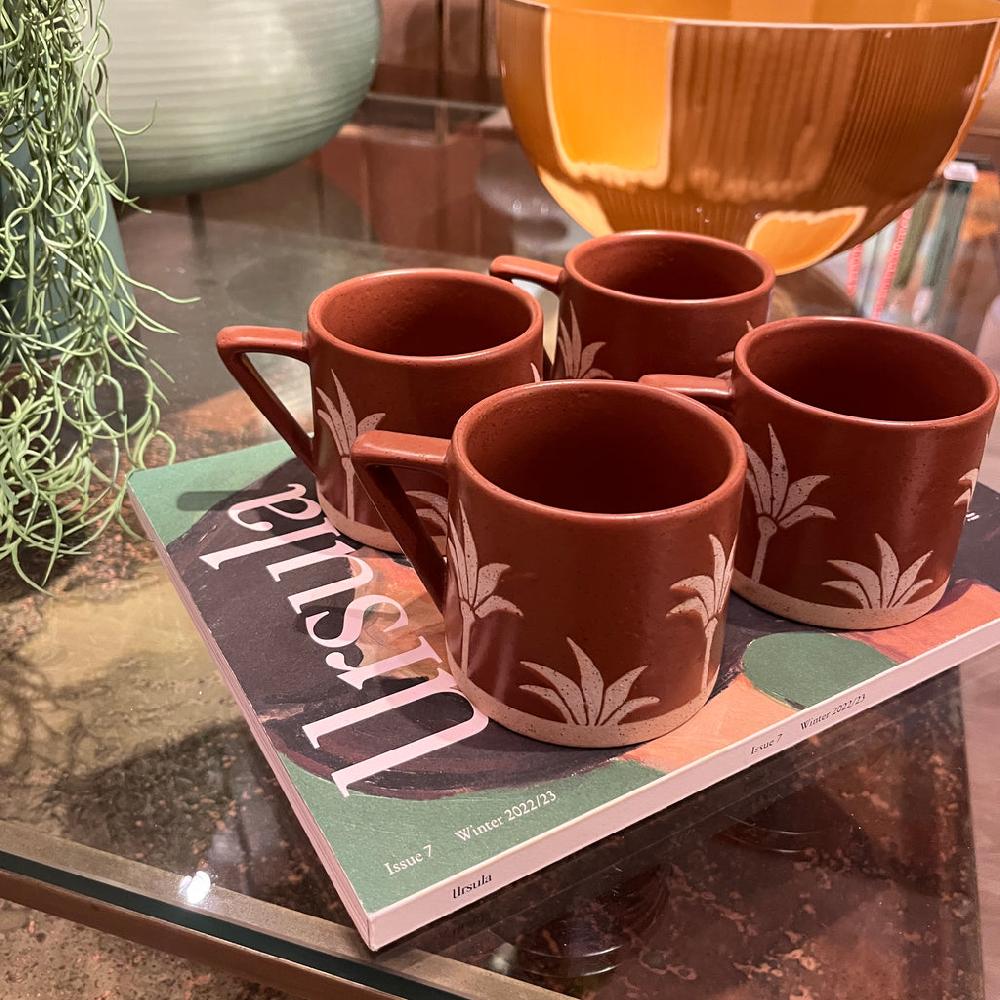 Greige Brown Retro Palm Tree Mug - Set Of Four