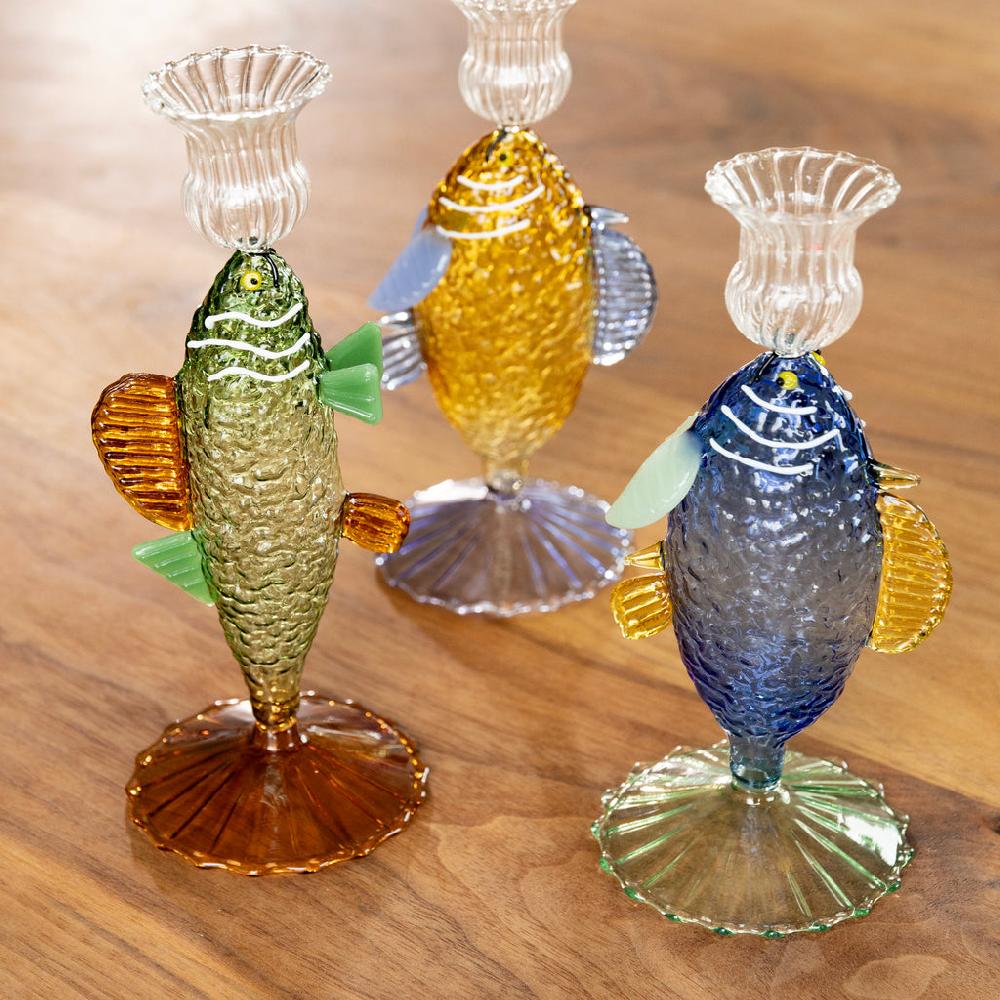 greige Candle Holder Fish - Blue Green or Yellow