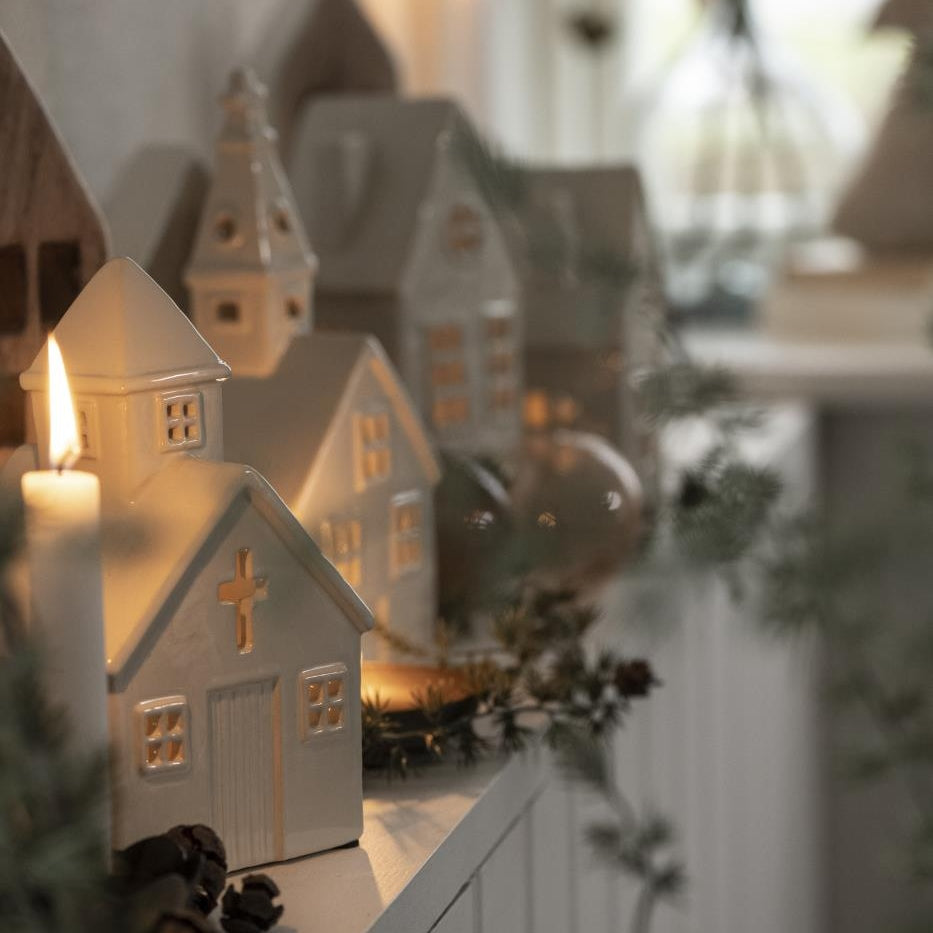 Greige Ceramic House & Church Tealight Holders - Cream