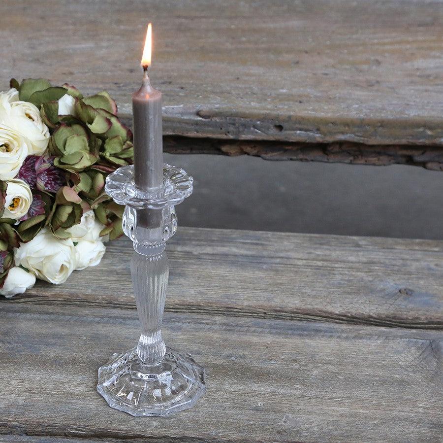 greige Clear Glass Candlestick with Grooves