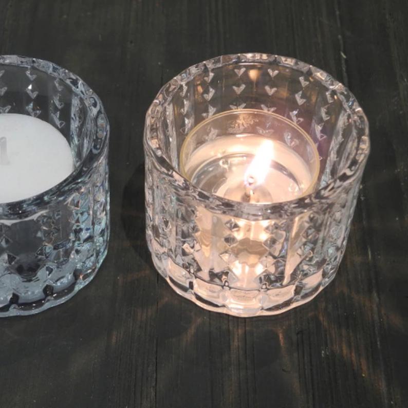 Greige Clear Glass Diamond Cut Tealight Holder