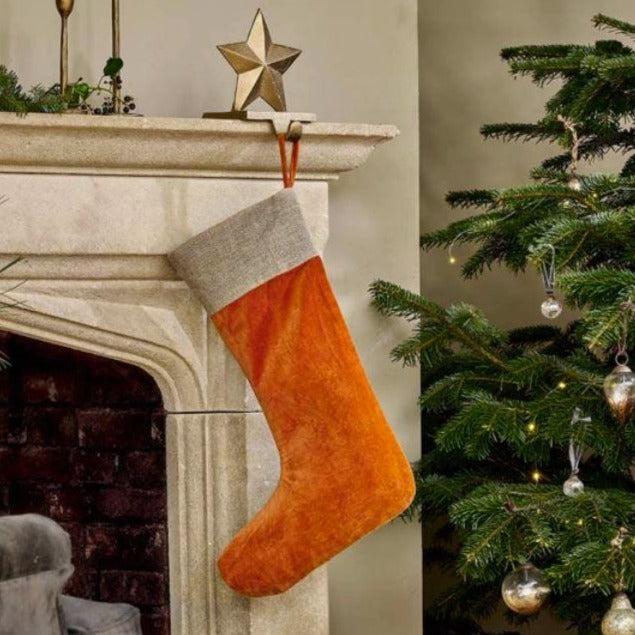 Greige Cotton Velvet And Linen Christmas Stocking