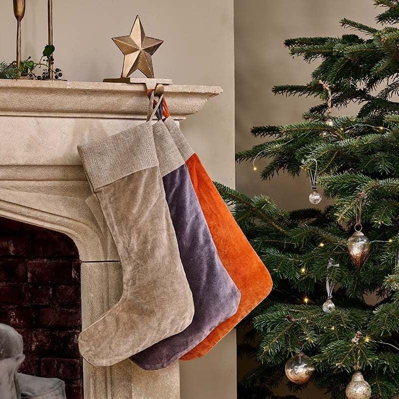 greige Cotton Velvet and Linen Christmas Stocking