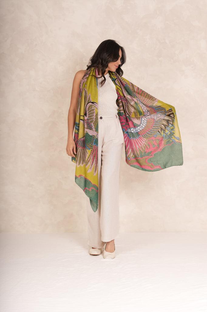 Greige Crane Olive Scarf - One Hundred Stars