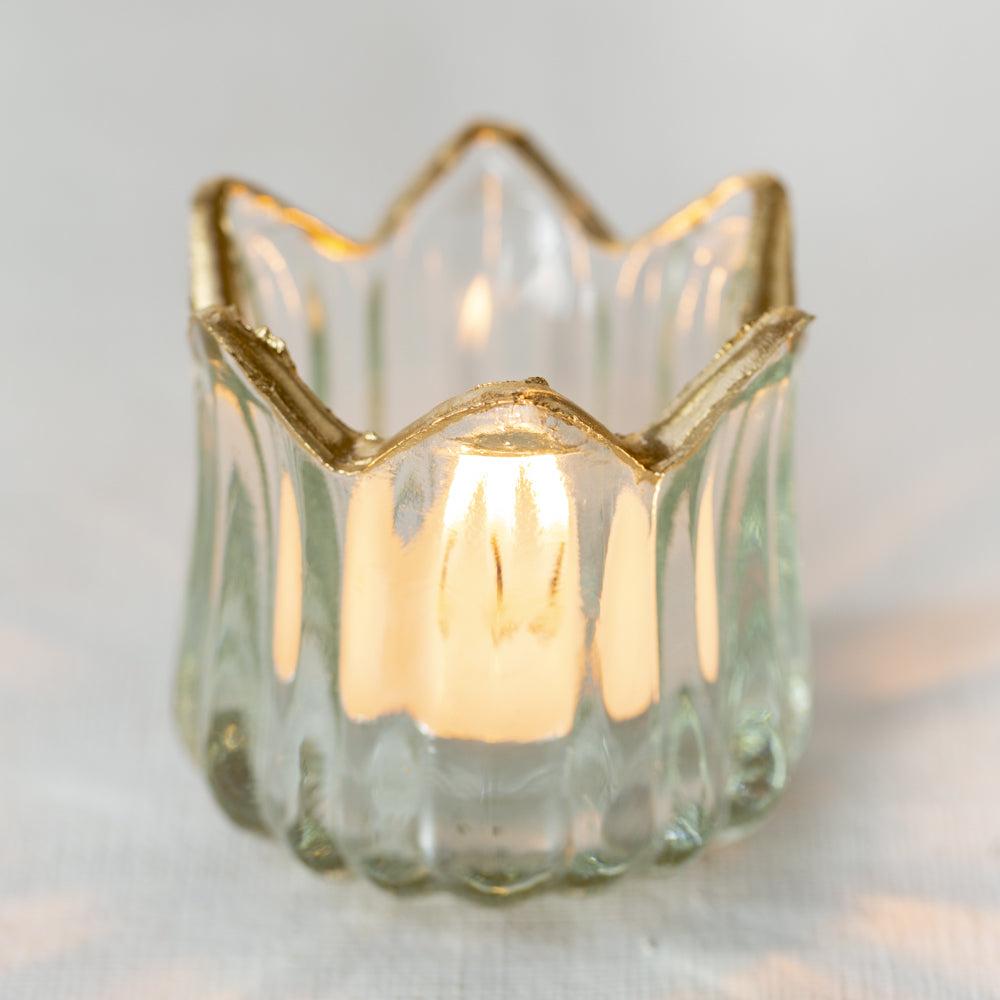 greige Crown Shape Tealight Holder with Gold Rim