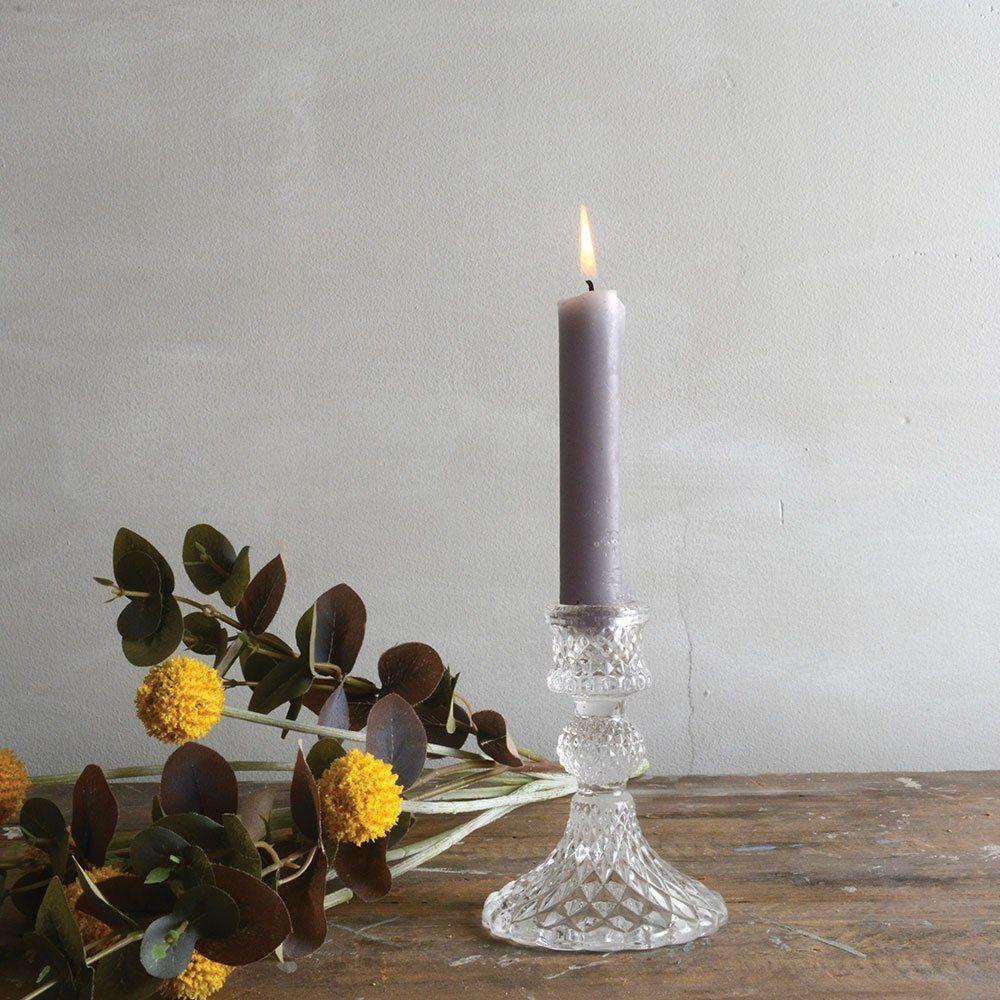 greige Diamond Pressed Glass Candlestick - Clear