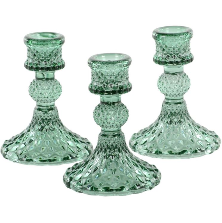 Greige Diamond Pressed Glass Candlestick - Green