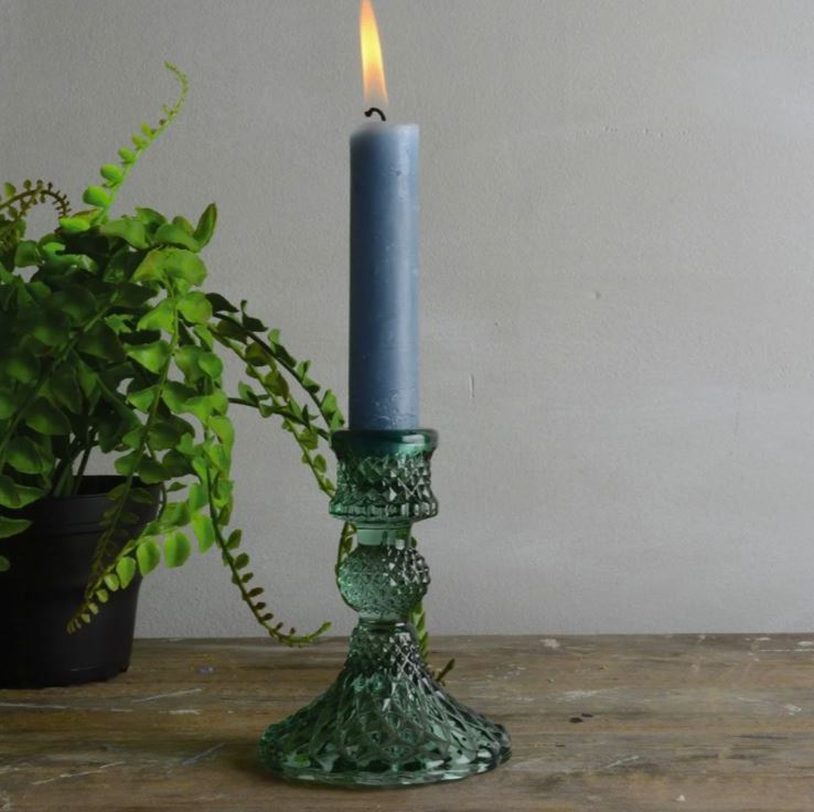 greige Diamond Pressed Glass Candlestick - Green
