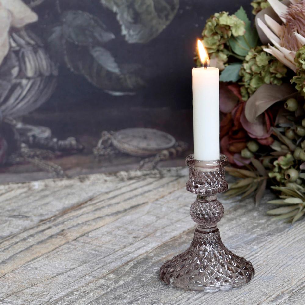 greige Diamond Pressed Glass Candlestick - Taupe