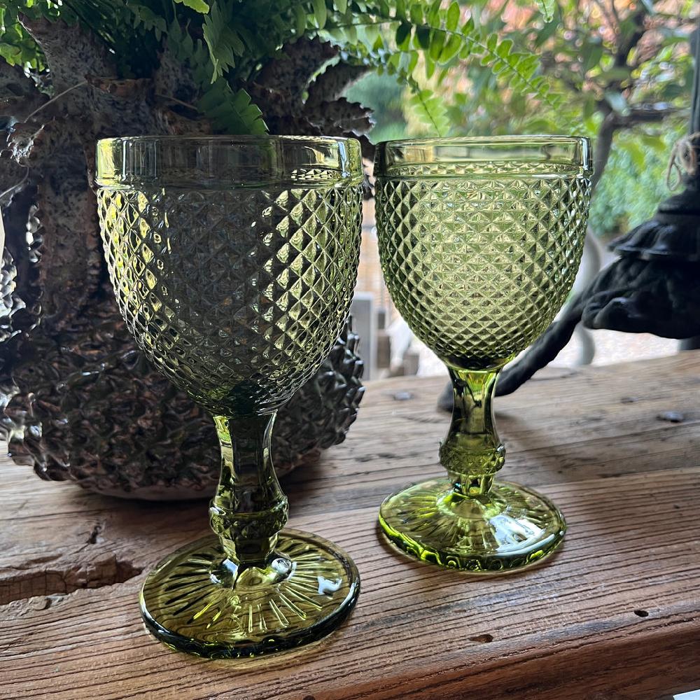Greige Diamond Wine Glass - Olive Green - Set Of Four