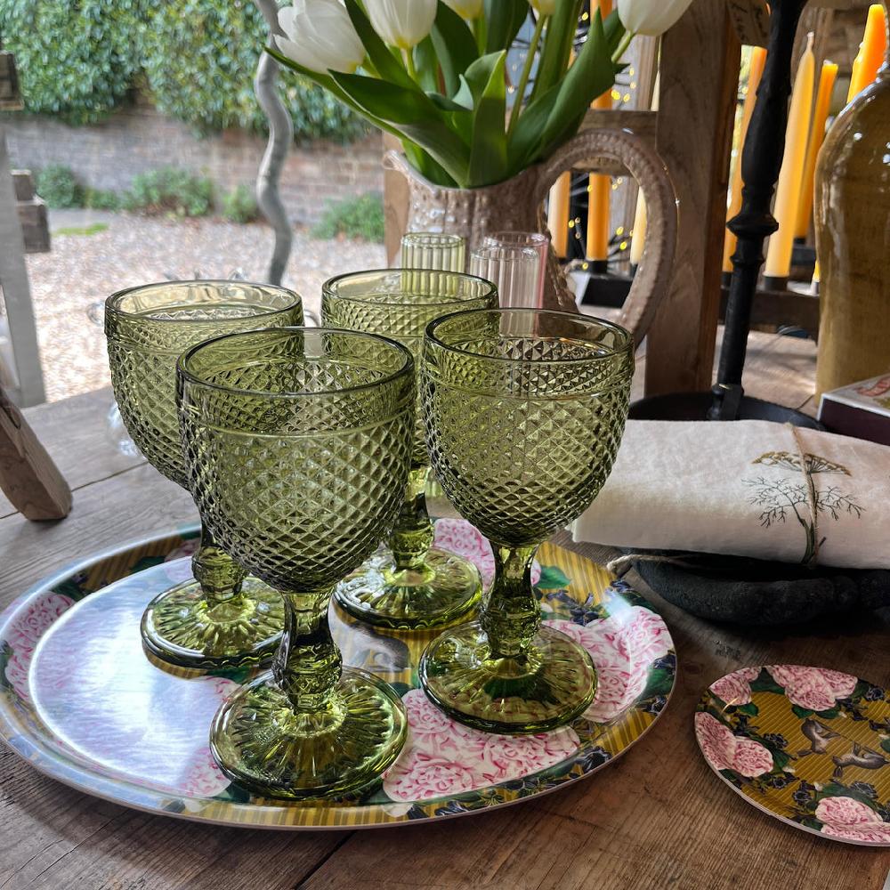 Greige Diamond Wine Glass - Olive Green - Set Of Four
