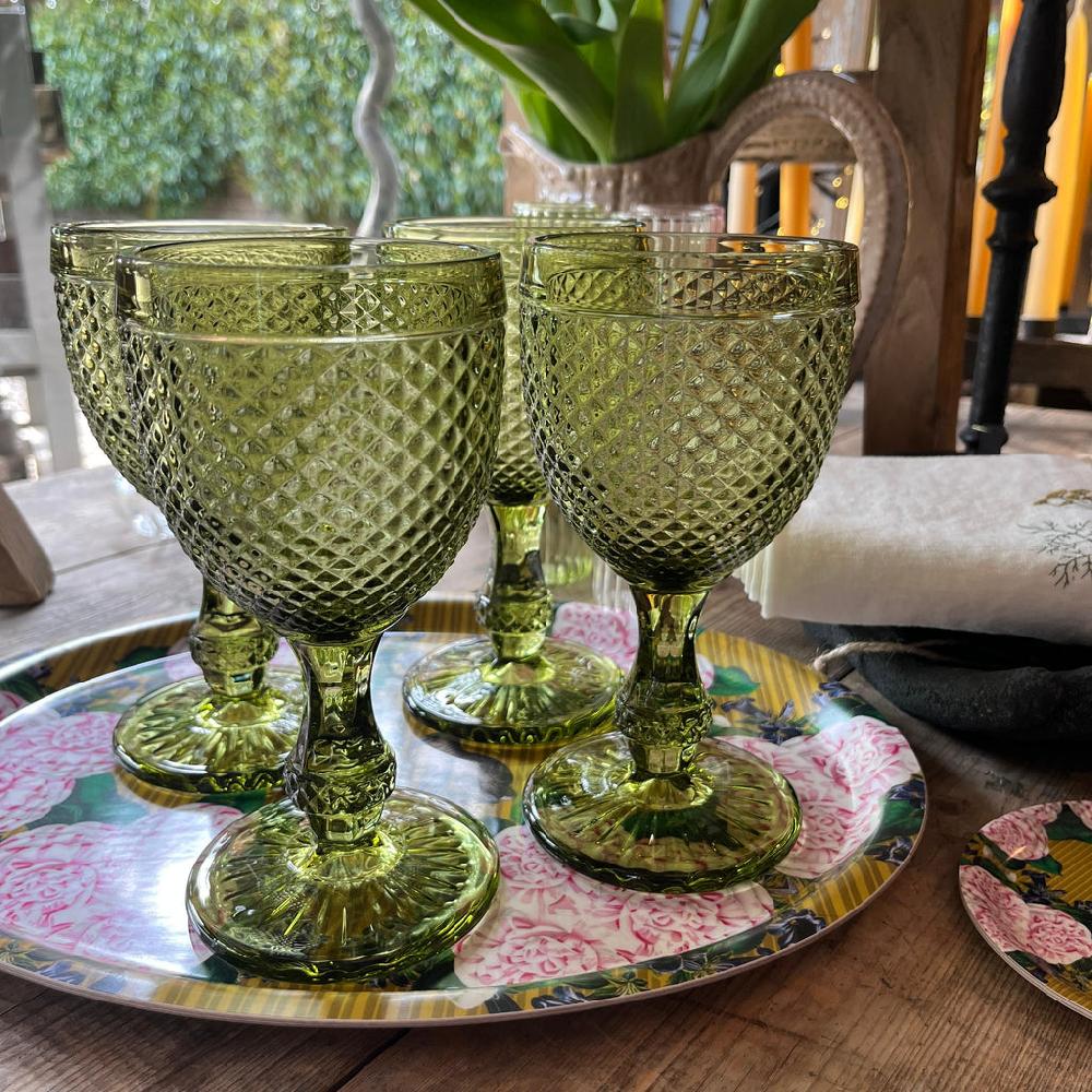 greige Diamond Wine Glass - Olive Green - Set of Four