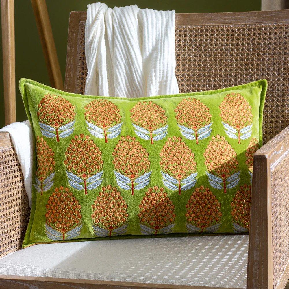 greige Embroidered Velvet Cushion - Chartreuse