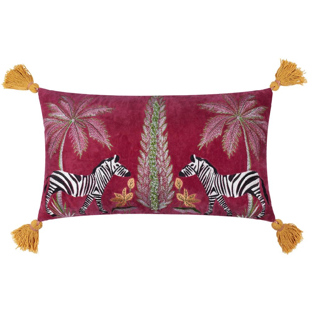 greige Embroidered Velvet Cushion - Zebras