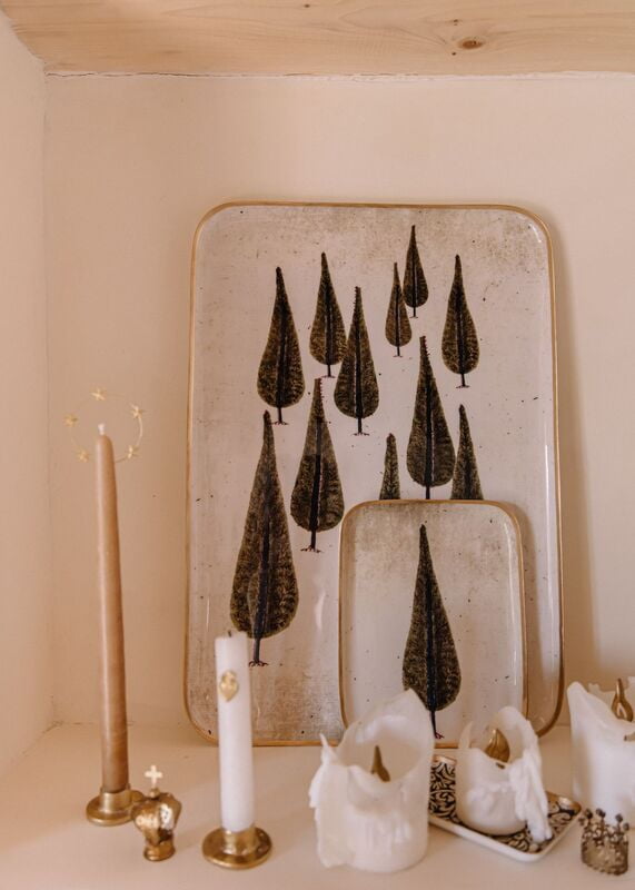 Greige Enamelled Cyprus Tree Tray - Large - Boncoeurs