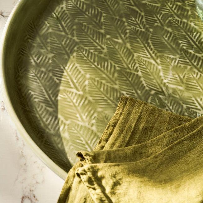 greige Enamelled Moss Green Leaves Tray