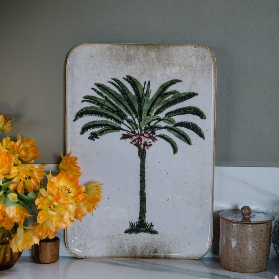 greige Enamelled Palm Tree Tray - Large - Boncoeurs