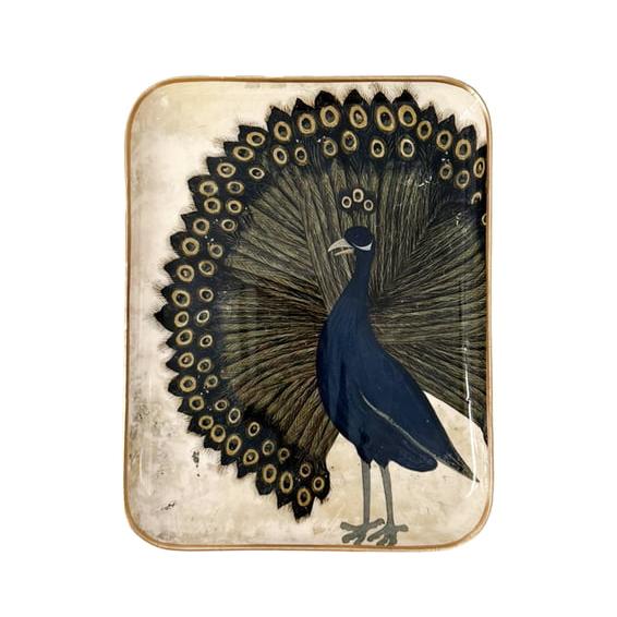 Greige Enamelled Peacock Tray - Small - Boncoeurs