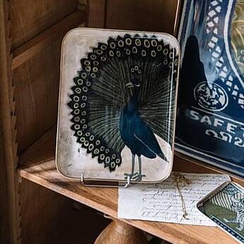 greige Enamelled Peacock Tray - Small - Boncoeurs