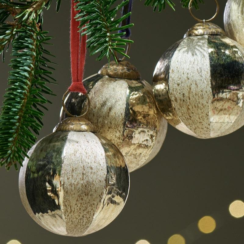 Greige Etched Gold Stripe Baubles - Set Of Four