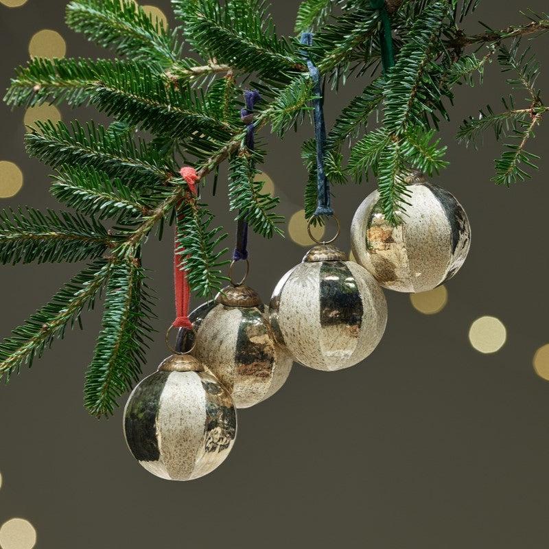 greige Etched Gold Stripe Baubles - Set of Four