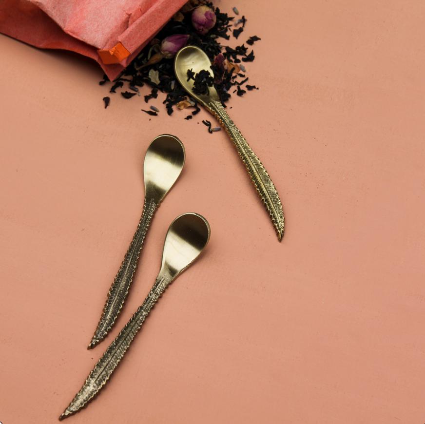 greige Feather Brass Teaspoon - Set of Four