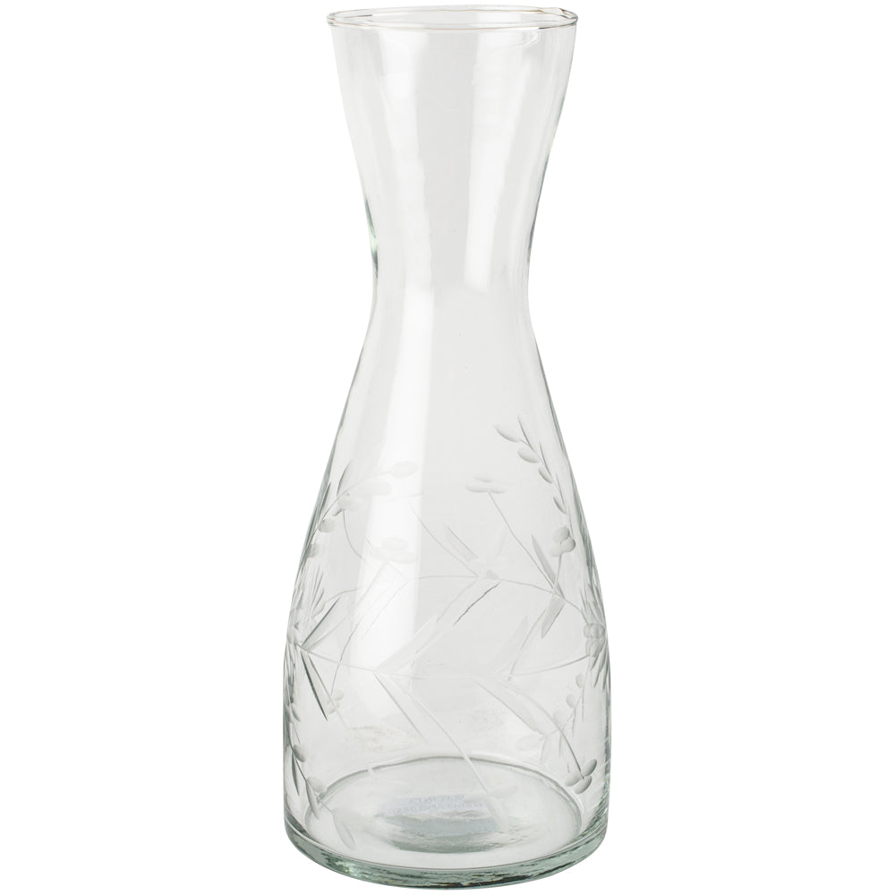 Greige Flower Etched Recycled Glass Carafe