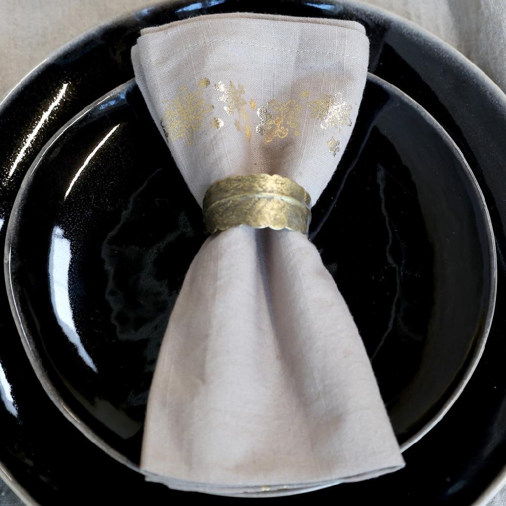 Greige Four Gold Snowflake Napkins - Linen Or White