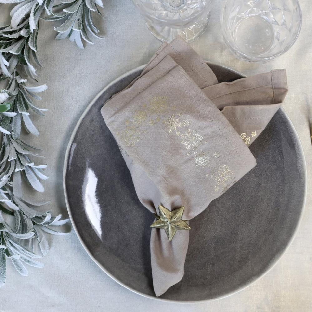 greige Four Gold Snowflake Napkins - Linen or White