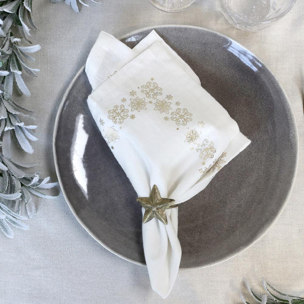 Greige Four Gold Snowflake Napkins - Linen Or White