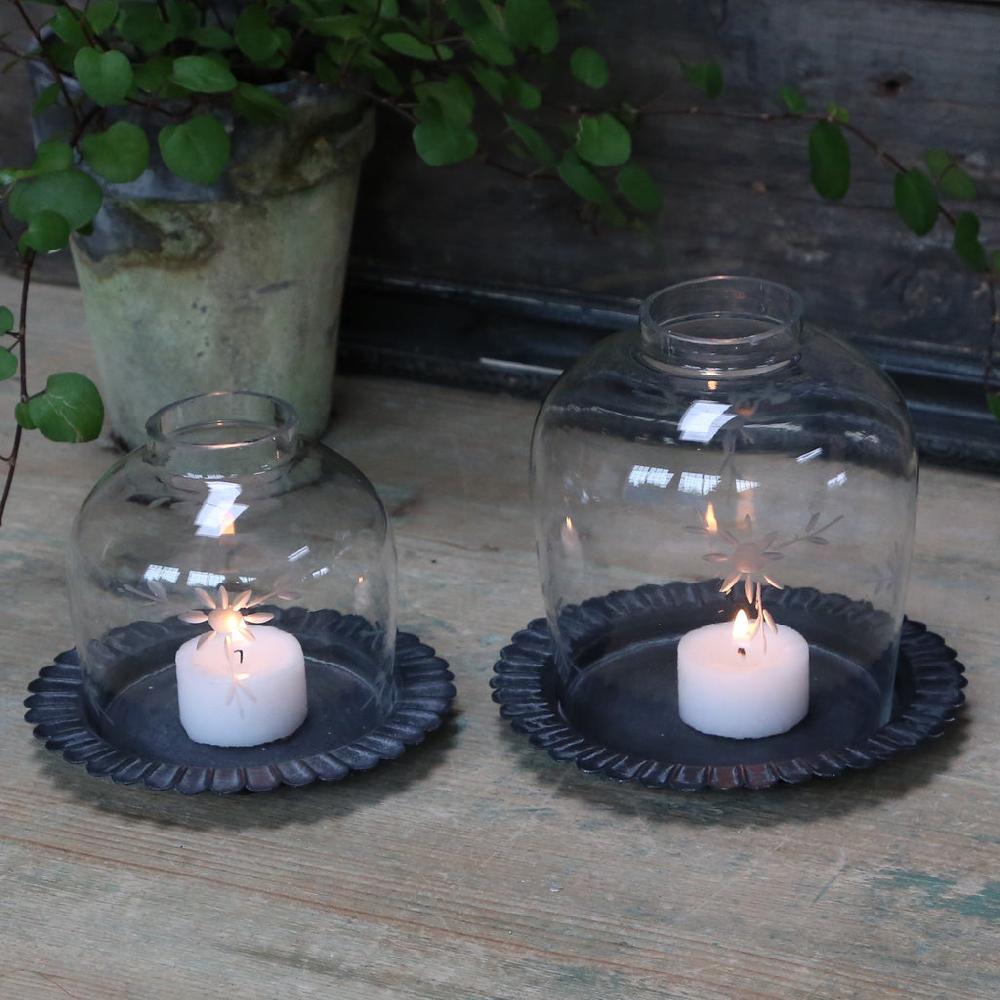 Greige Glass Dome Tealight Lantern On Metal Plate