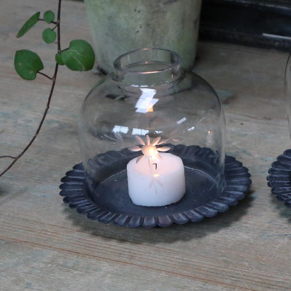 greige Glass Dome Tealight Lantern on Metal Plate