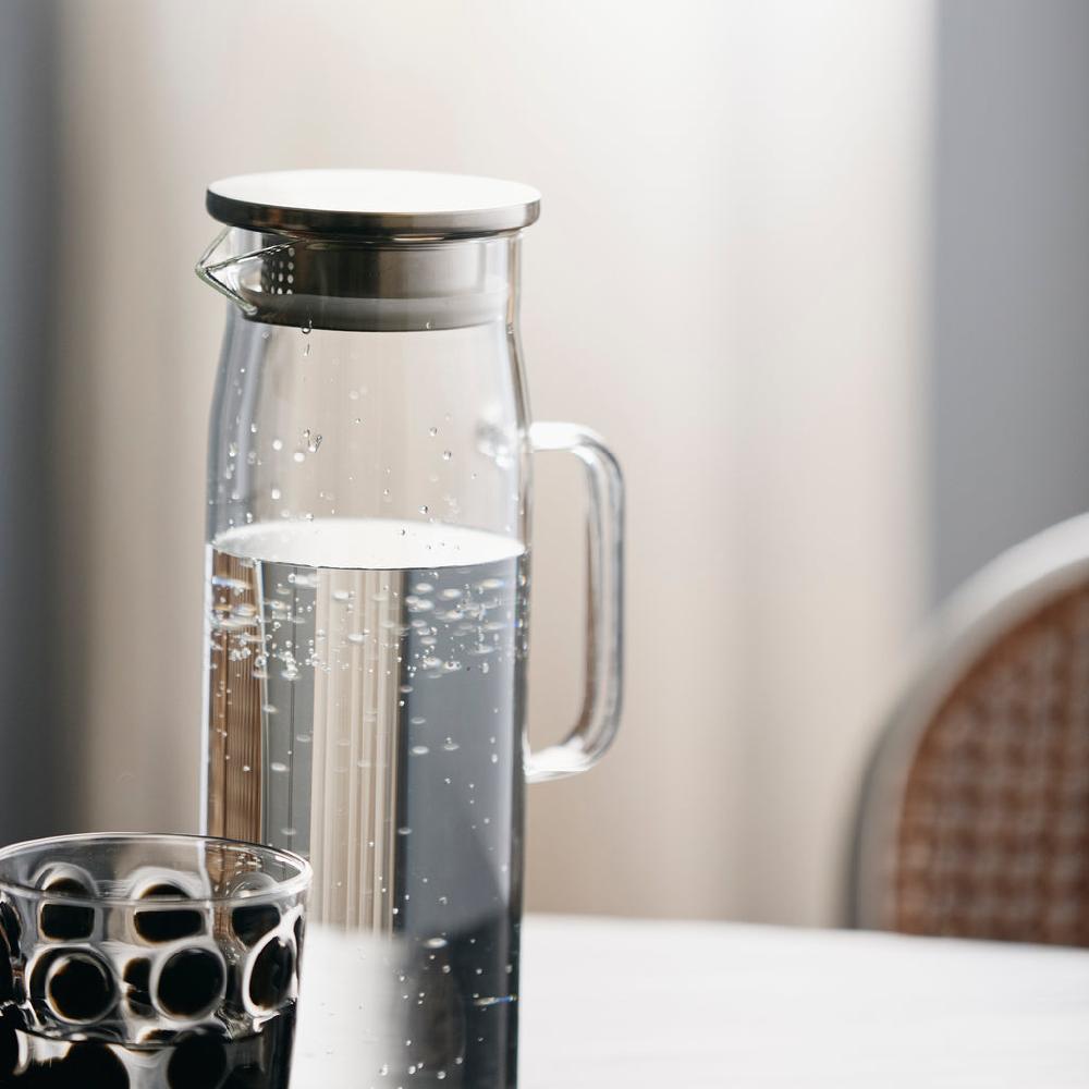 greige Glass Pitcher with Chrome Lid