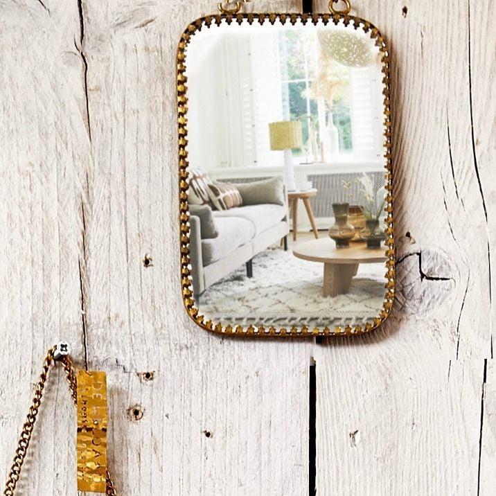 Greige Gold Edged Hanging Mirror With Chain