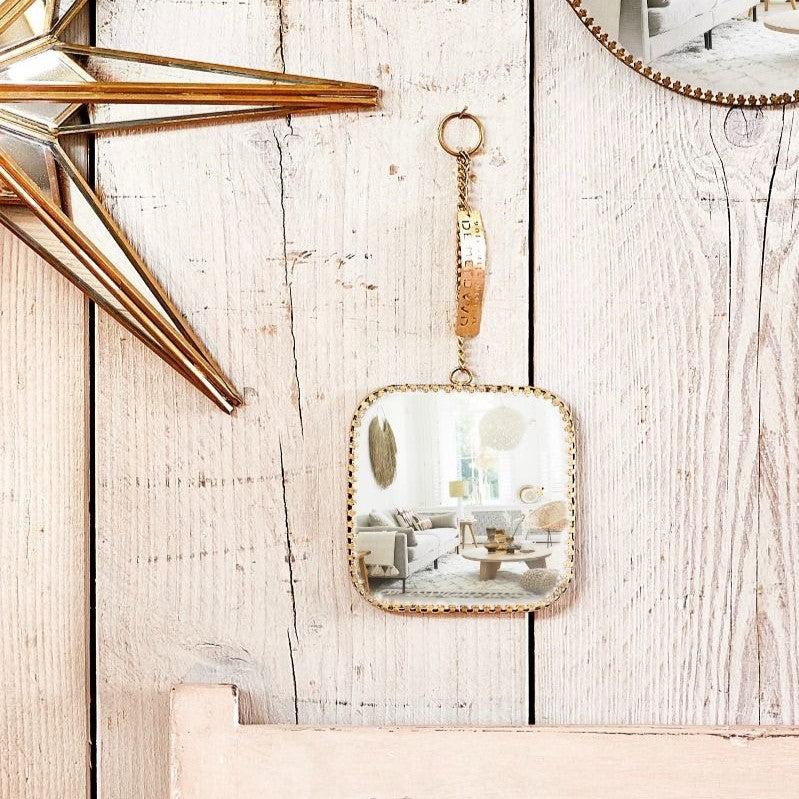 Greige Gold Edged Hanging Mirror With Chain