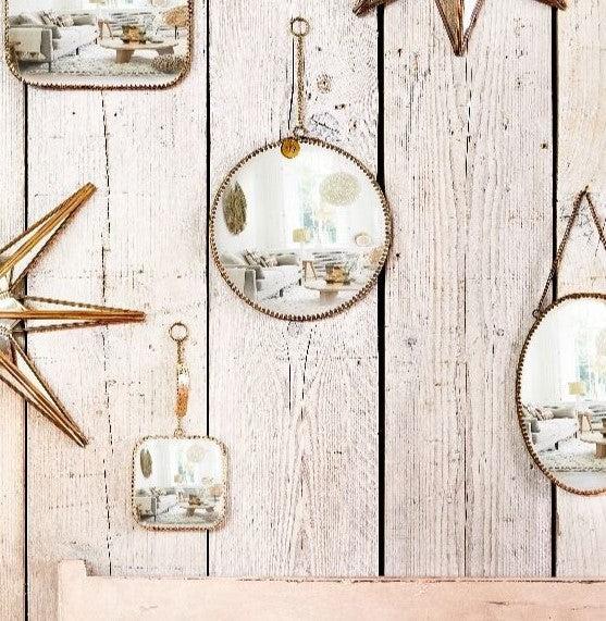 greige Gold Edged Hanging Mirror with Chain