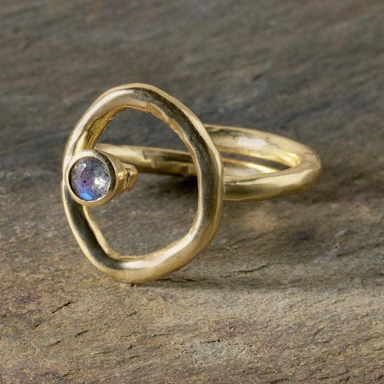 greige Gold Plated Circle Labradorite Ring
