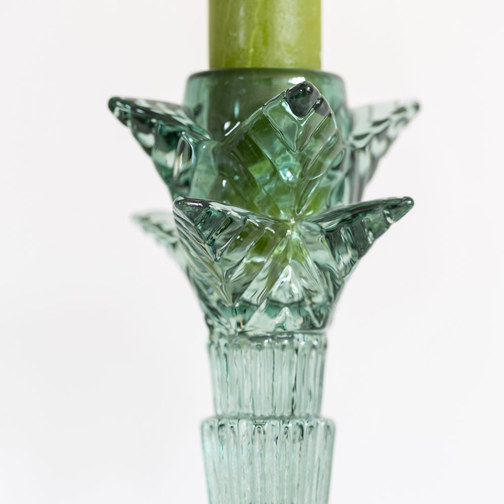 Greige Green Glass Palm Tree Candlestick