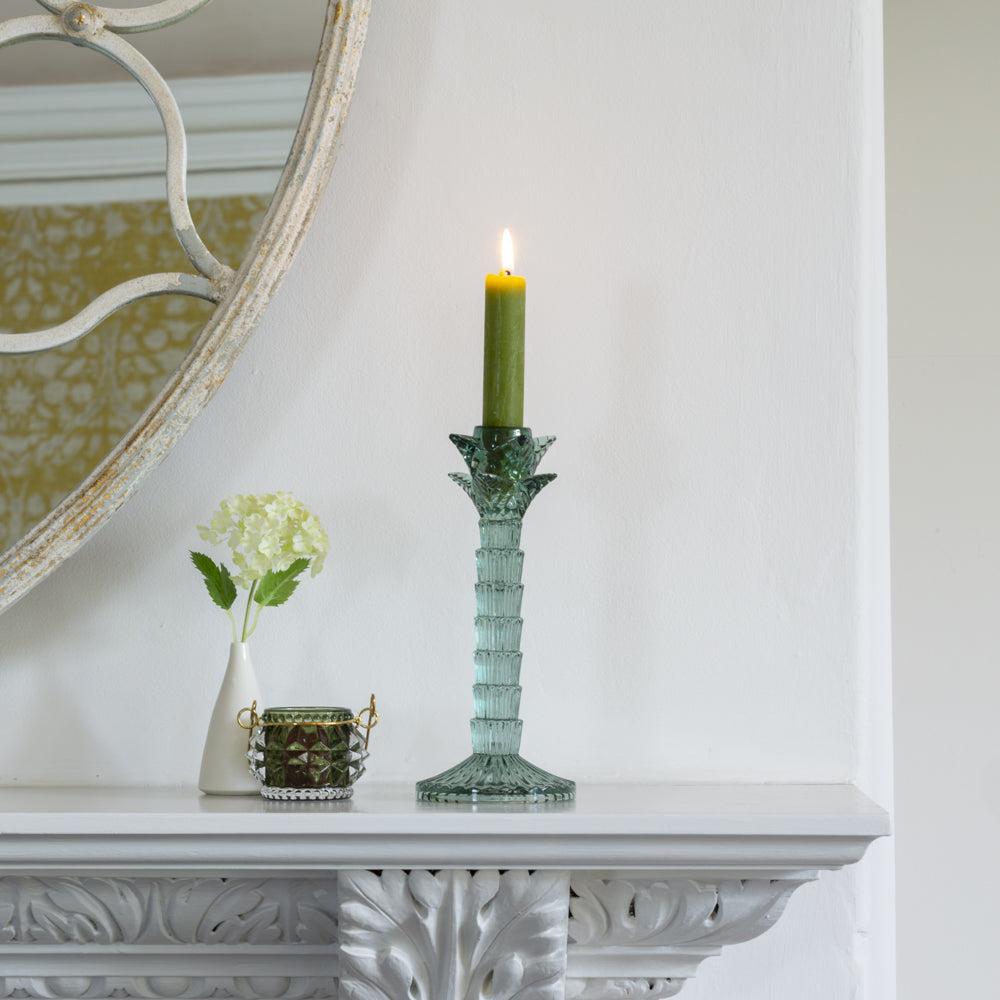 Greige Green Glass Palm Tree Candlestick