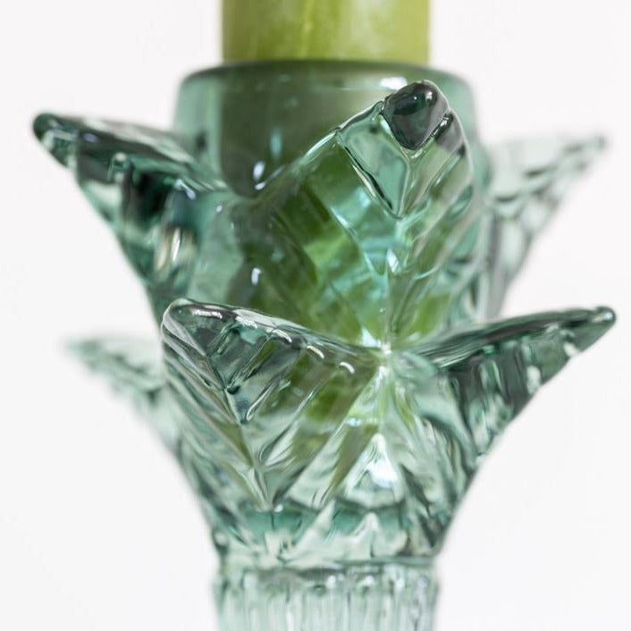 Greige Green Glass Palm Tree Candlestick