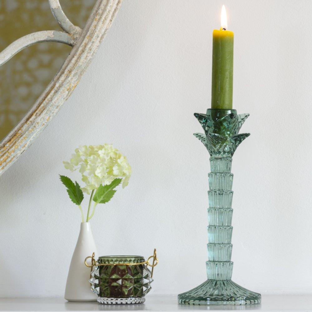 greige Green Glass Palm Tree Candlestick