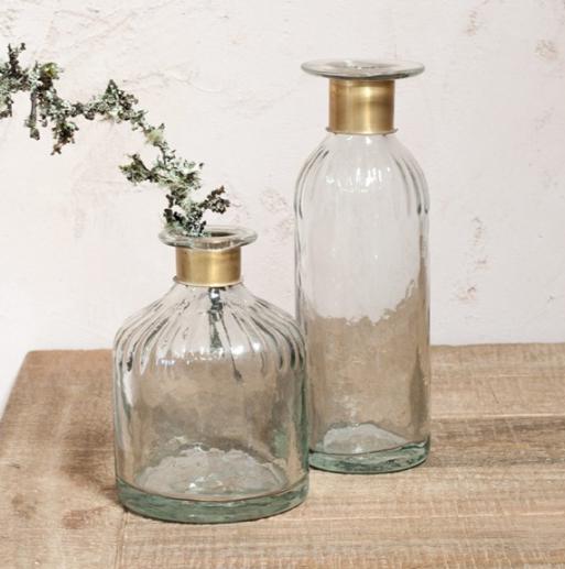 Greige Hammered Glass Bottles With Brass Ring