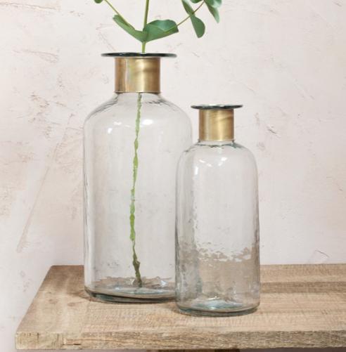 Greige Hammered Glass Bottles With Brass Ring