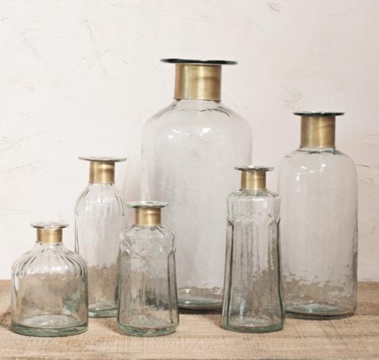 greige Hammered Glass Bottles with Brass Ring