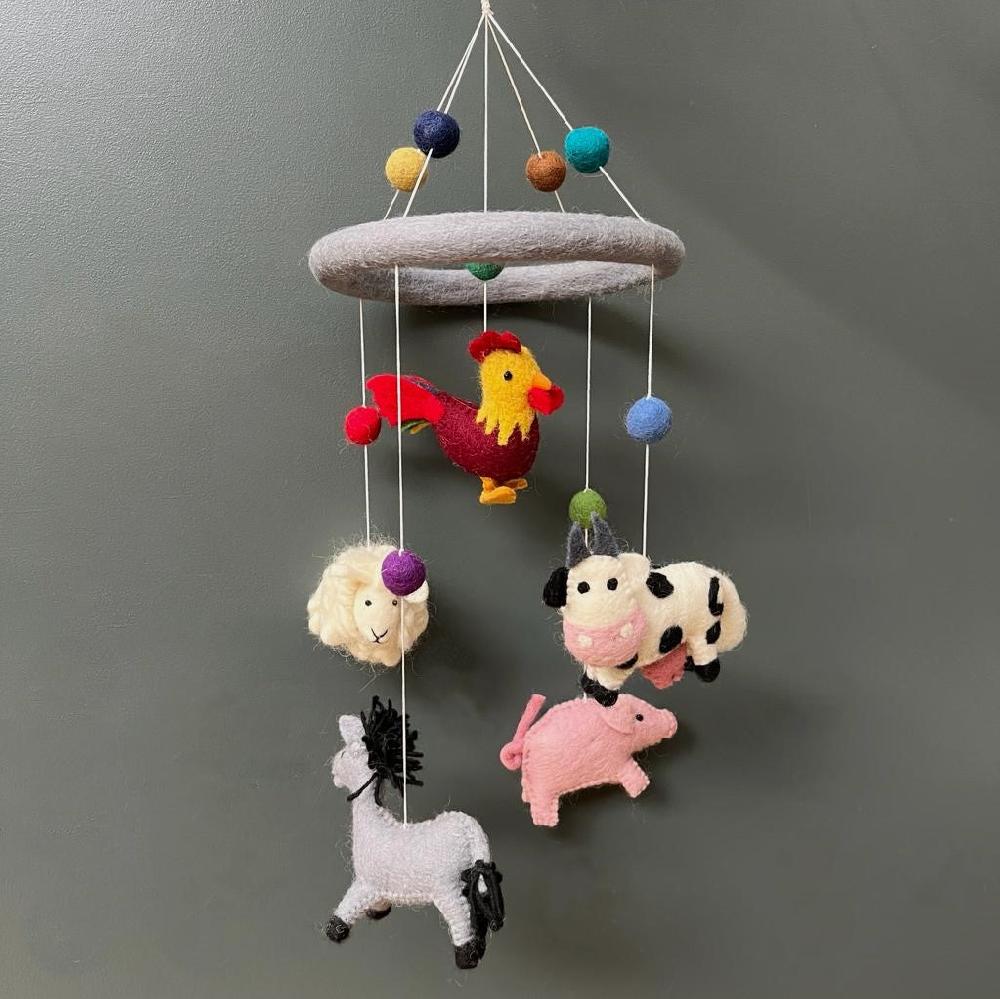 greige Handmade Felt Farm Animals Mobile - Fairtrade