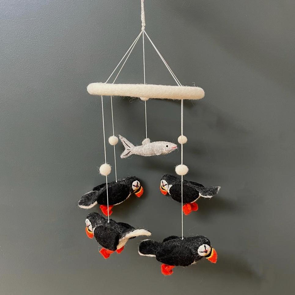 greige Handmade Felt Puffin Mobile - Fairtrade