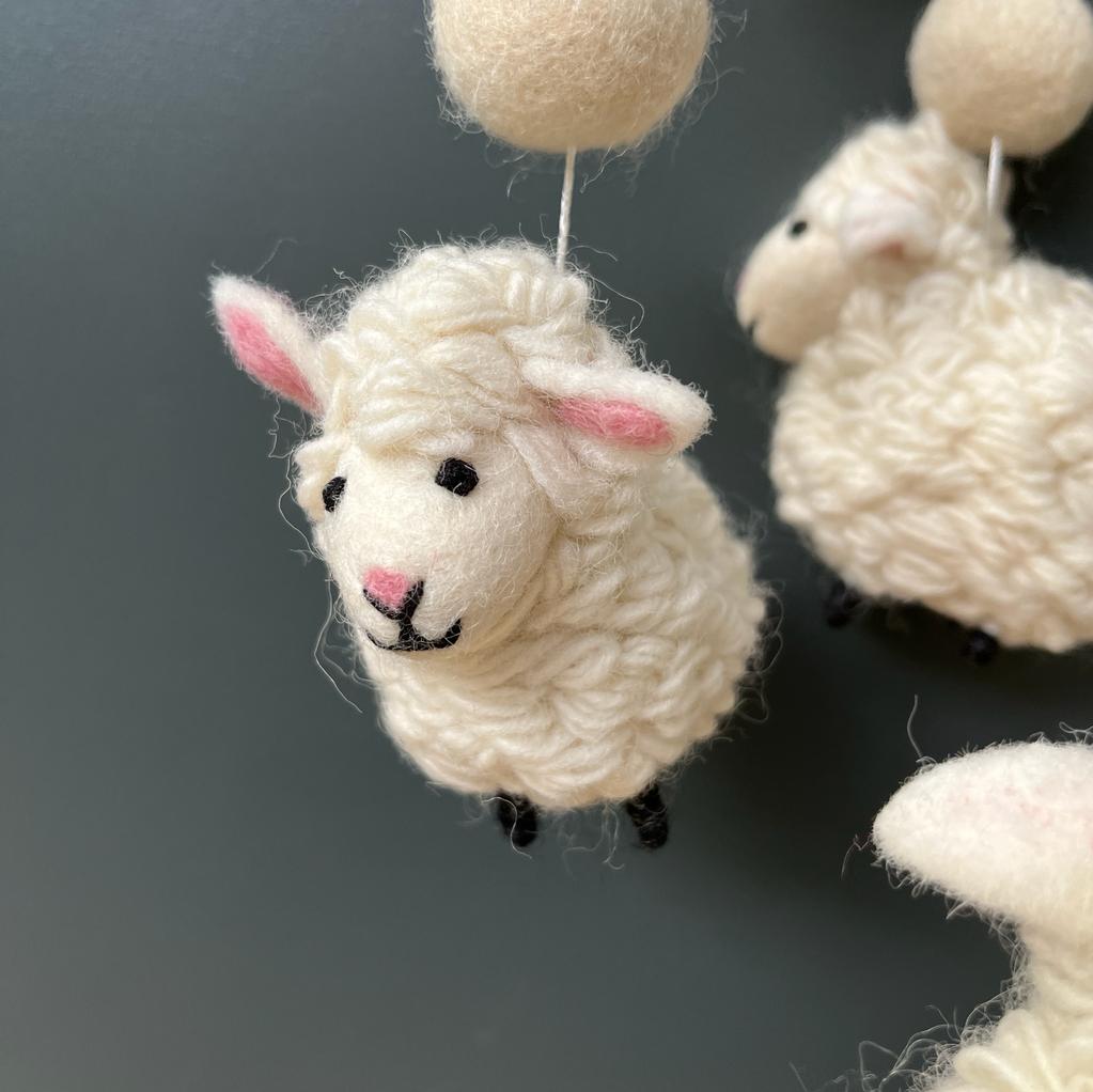 Greige Handmade Felt Woolly Sheep Mobile - Fairtrade