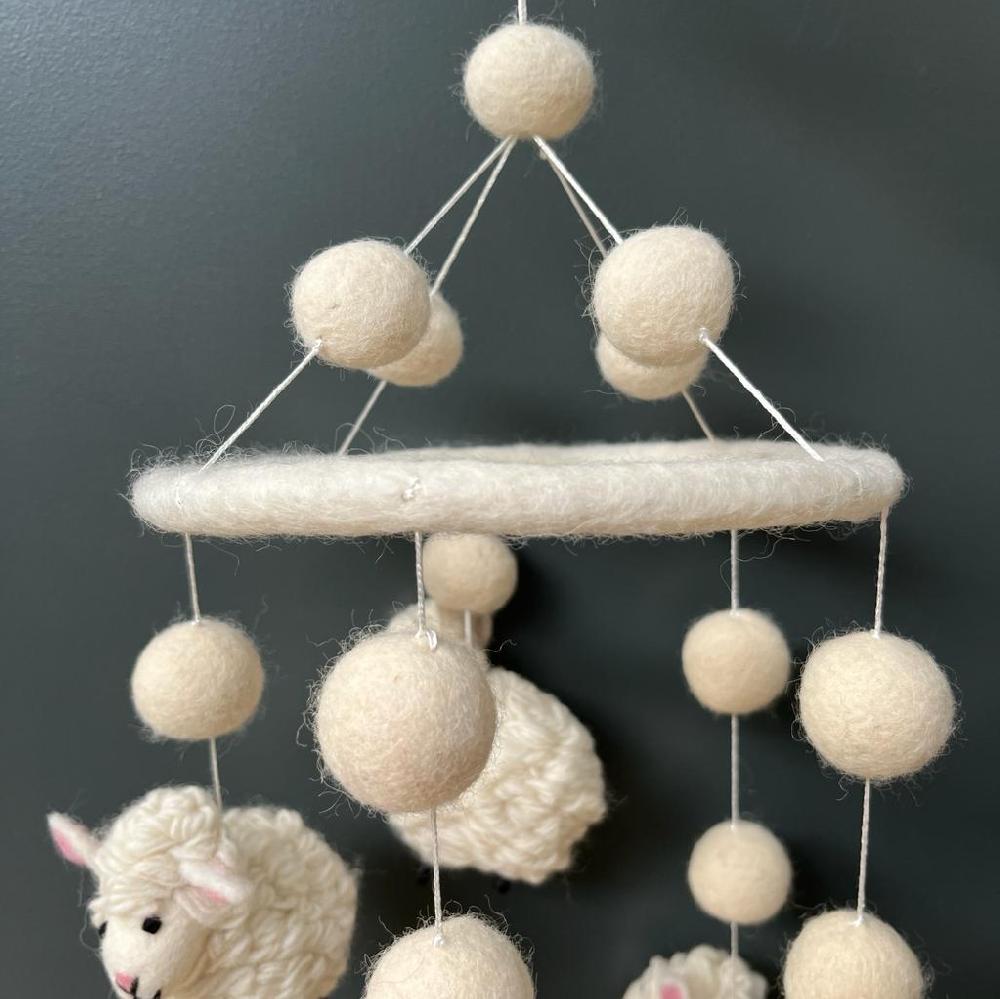 Greige Handmade Felt Woolly Sheep Mobile - Fairtrade